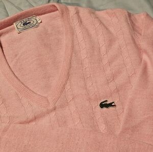 Vintage LACOSTE Sweater Mens Large Light Pink V Neck Preppy Long Sleeve Pullover